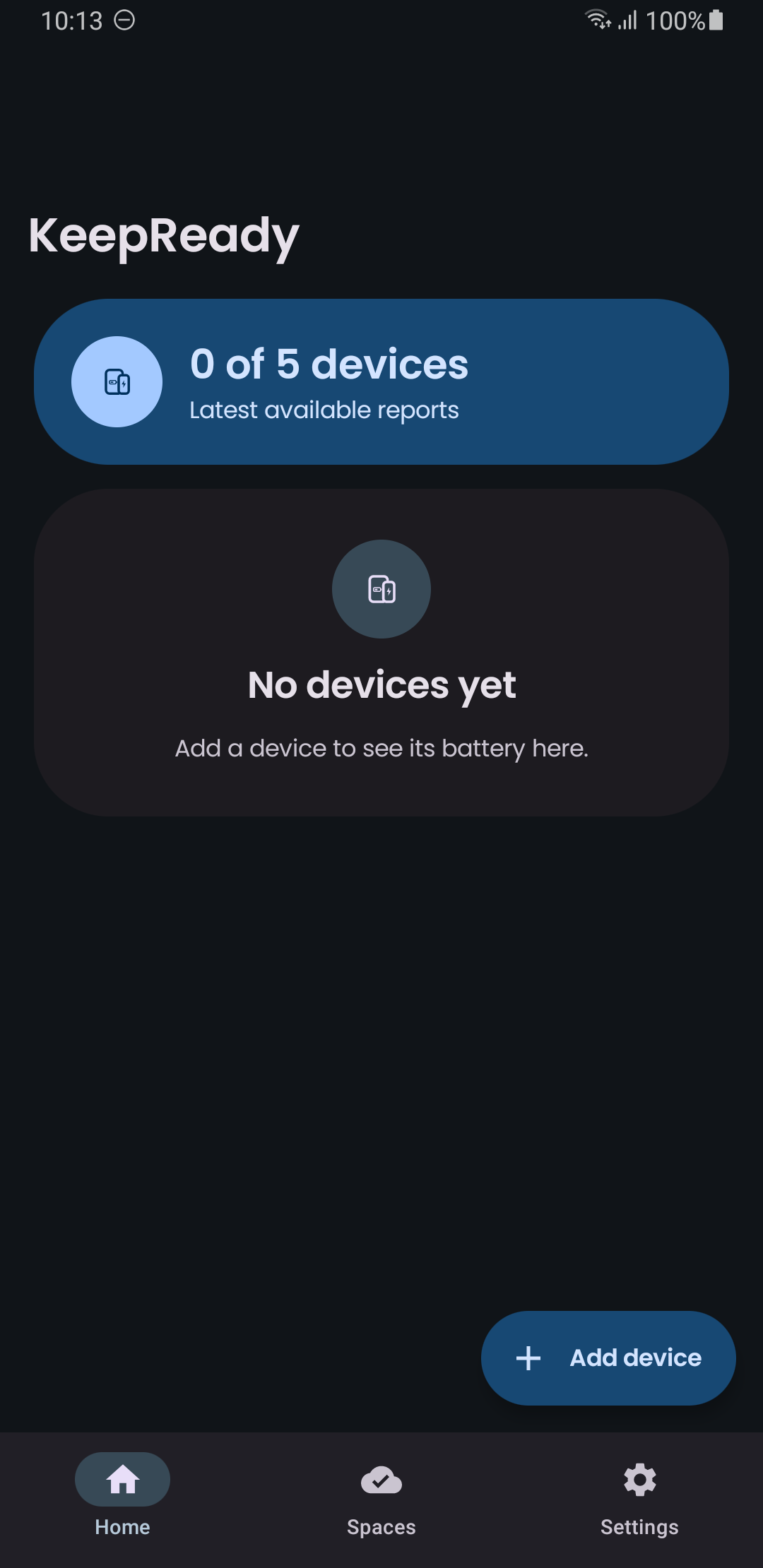 KeepReady Android dashboard showing an empty device space and Add device action